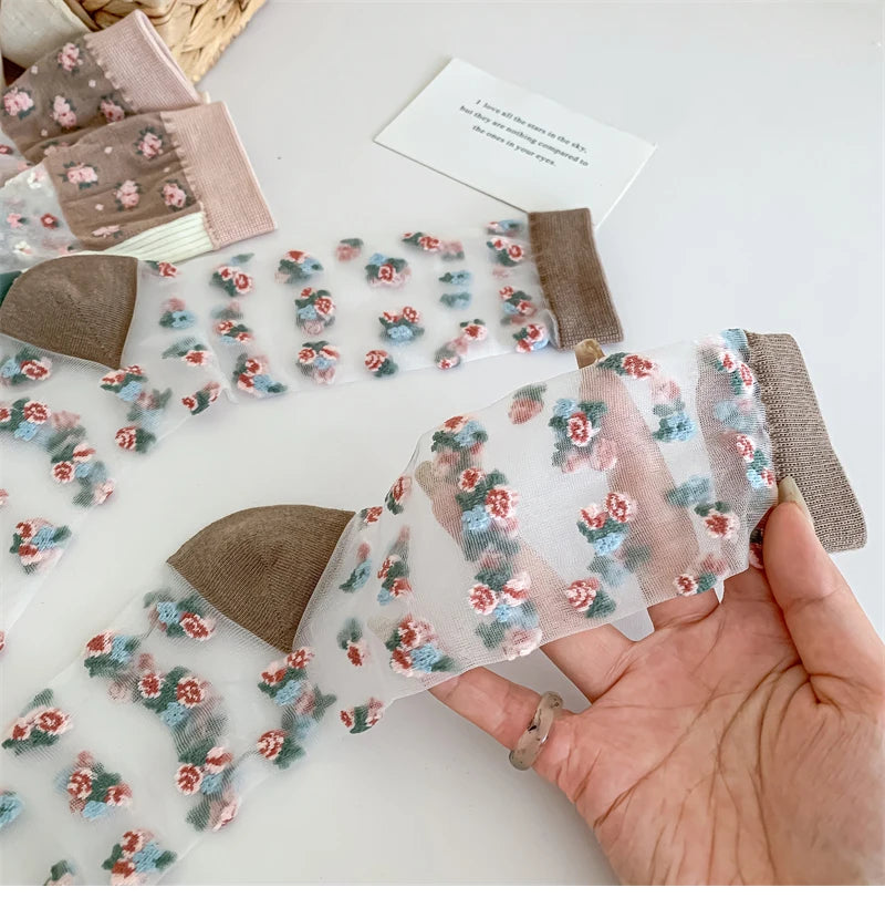 Damen Socken Blumenmuster – Retro-Stil, Transparent