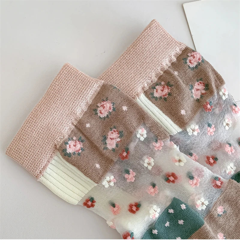 Damen Socken Blumenmuster – Retro-Stil, Transparent