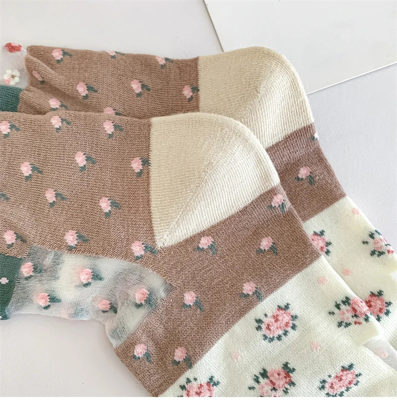 Damen Socken Blumenmuster – Retro-Stil, Transparent