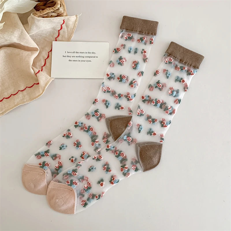 Damen Socken Blumenmuster – Retro-Stil, Transparent