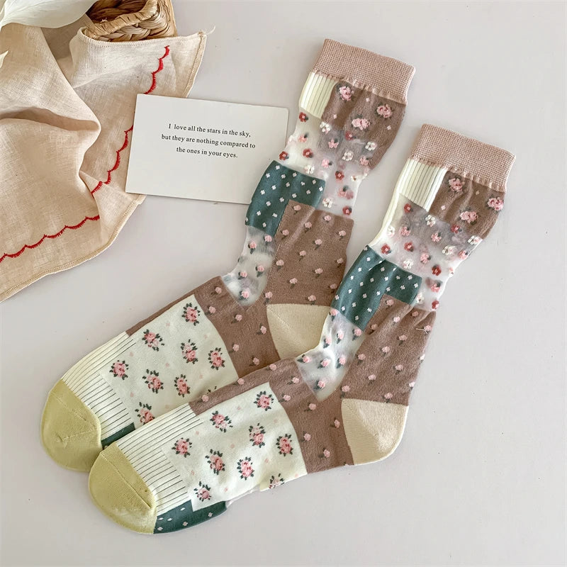 Damen Socken Blumenmuster – Retro-Stil, Transparent