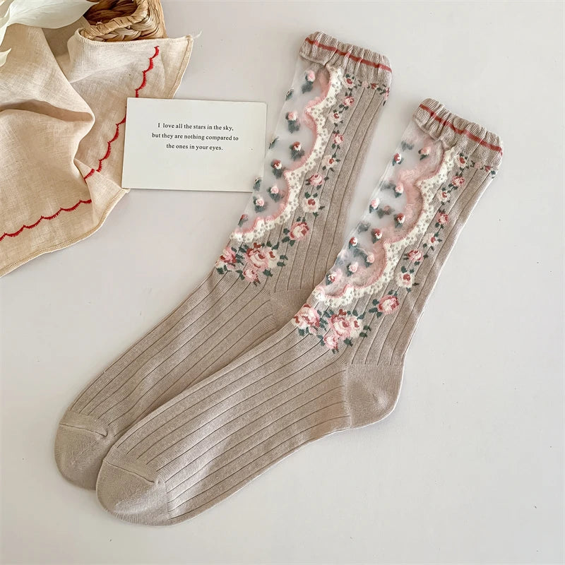 Damen Socken Blumenmuster – Retro-Stil, Transparent