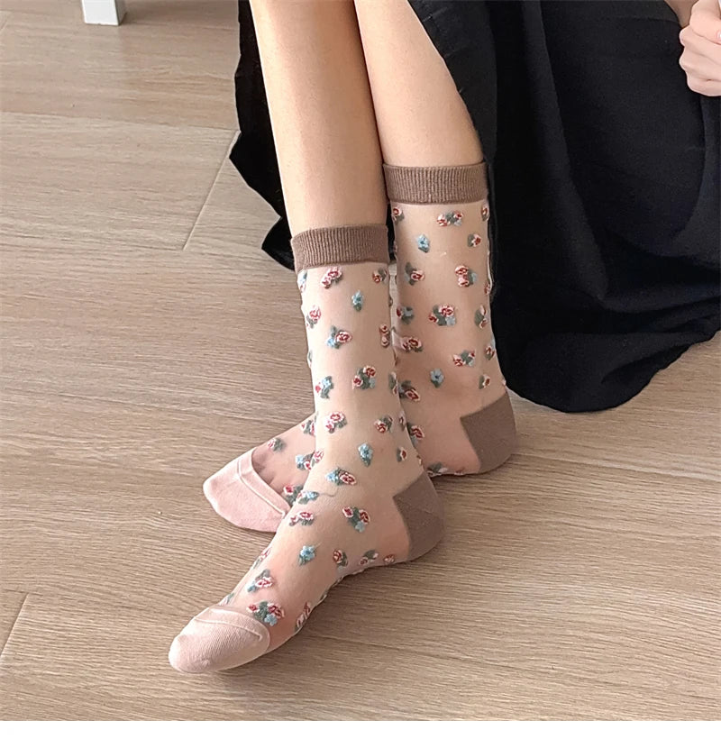 Damen Socken Blumenmuster – Retro-Stil, Transparent