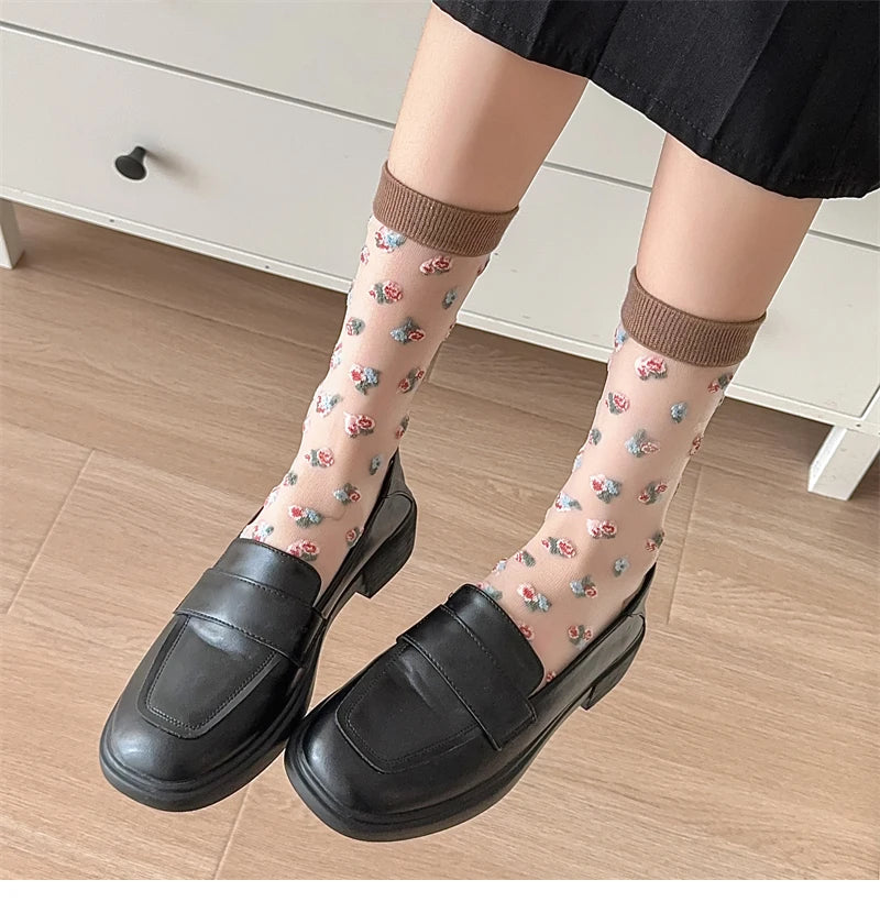 Damen Socken Blumenmuster – Retro-Stil, Transparent