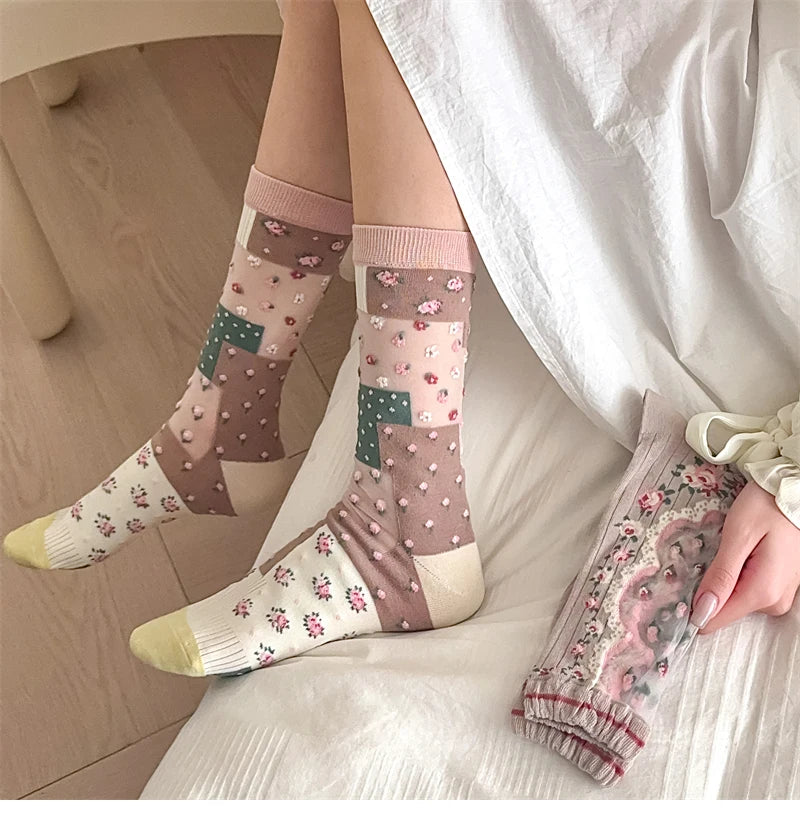 Damen Socken Blumenmuster – Retro-Stil, Transparent