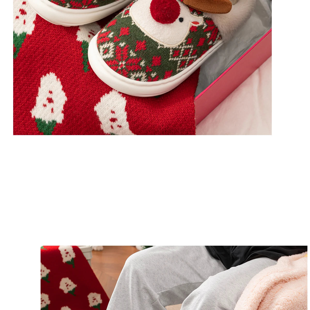 Damen Winterhausschuhe – Boho Rentier Design – Indoor Komfort