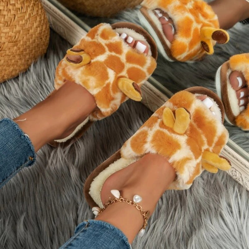 Damen Winterhausschuhe – Plüsch Giraffen Design