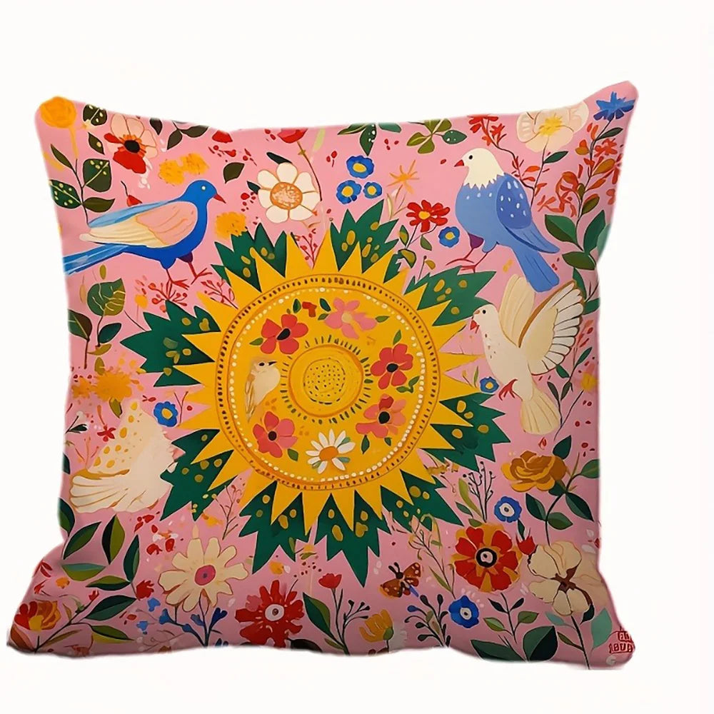 bunte dekorative Kissenhülle mit Blumen- und Tiermotiven im Boho-Stil, Grösse 45x45 cm, Polyester