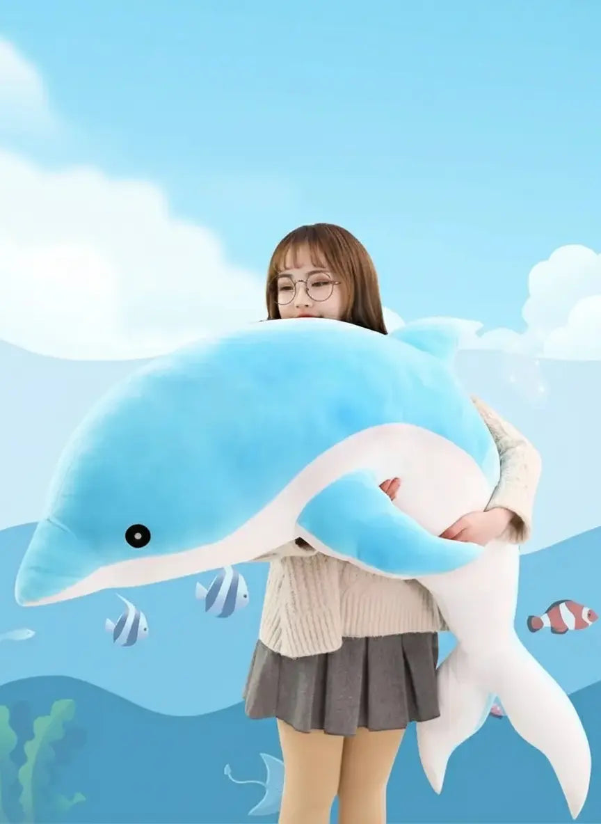 Delfin Plüschkissen in blau, rosa und grau aus weichem Plüsch, Grössen von 30cm bis 140cm