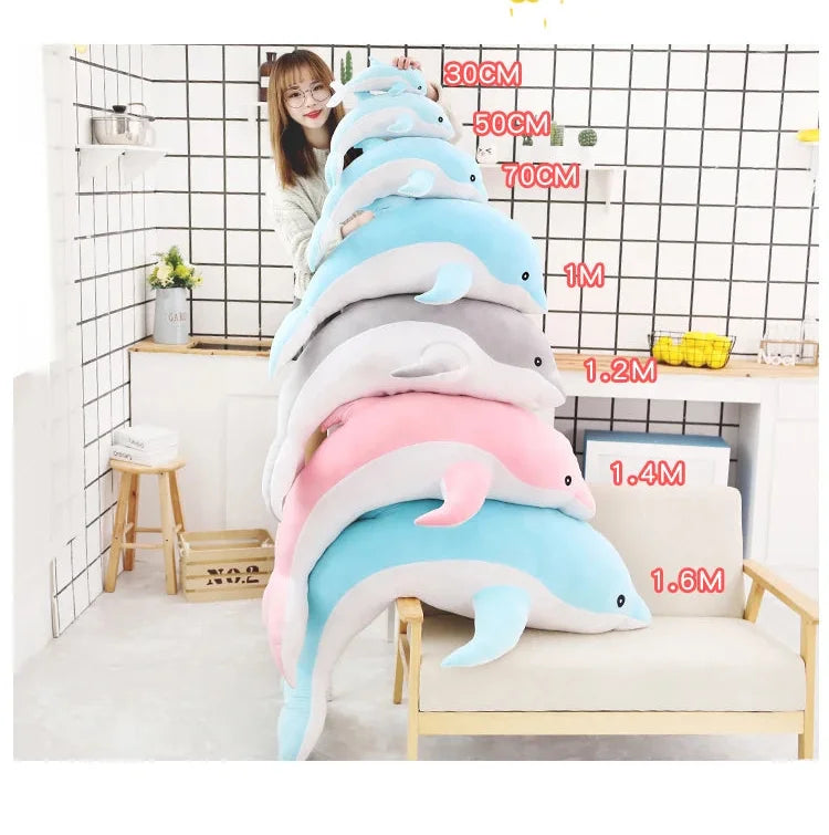 Delfin Plüschkissen in blauem, rosafarbenem oder grauem Design, aus weichem Plüsch und PP-Baumwolle, Grösse: 30cm bis 140cm
