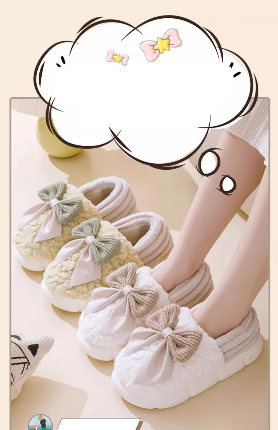 Dicke Sohle Schleifen-Pantoffeln – Plüschkomfort, Indoor