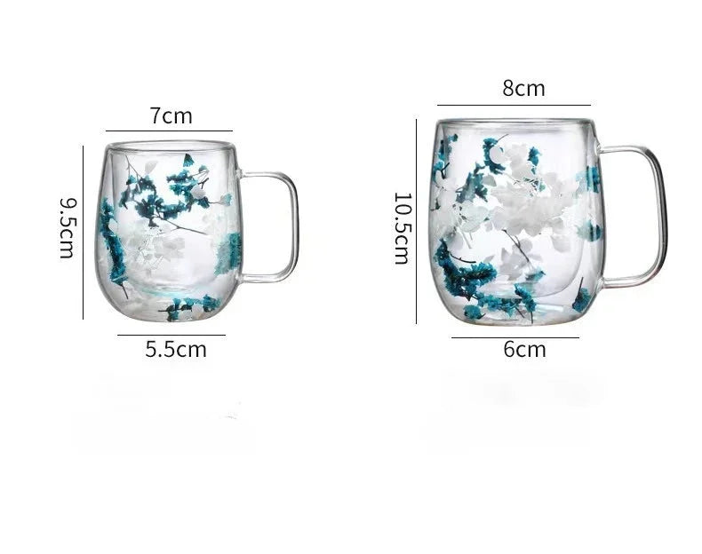 Doppelwandige Glas-Tasse – Borosilikat-Blumendesign – 250/400ml