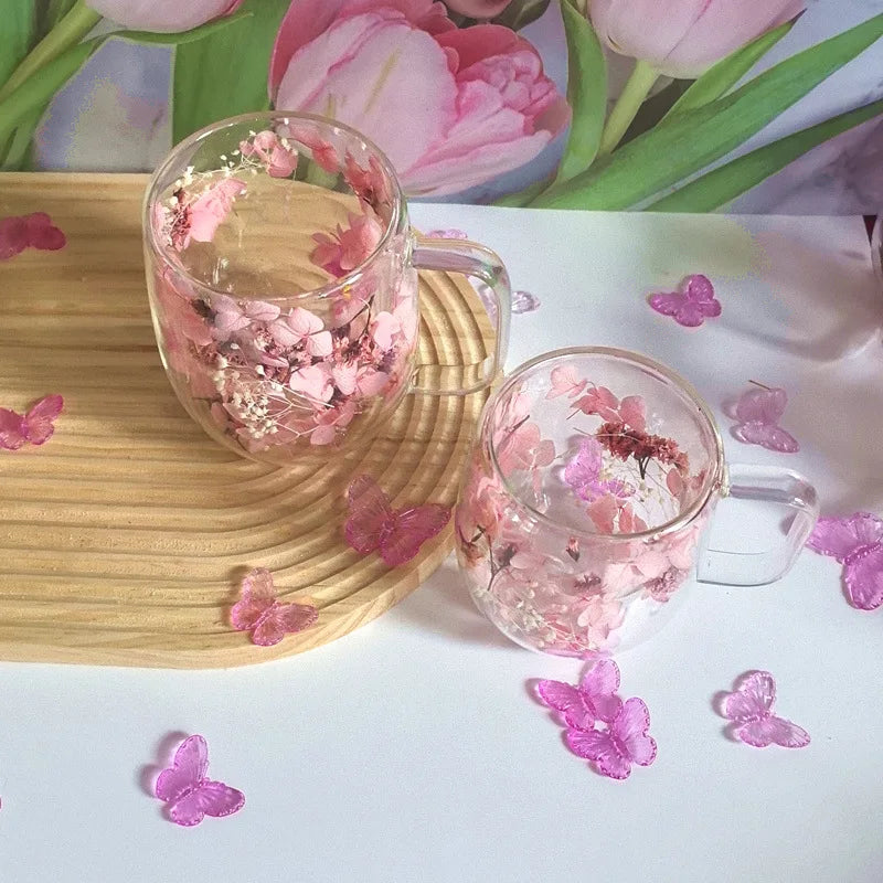 Doppelwandige Glas-Tasse – Borosilikat-Blumendesign – 250/400ml