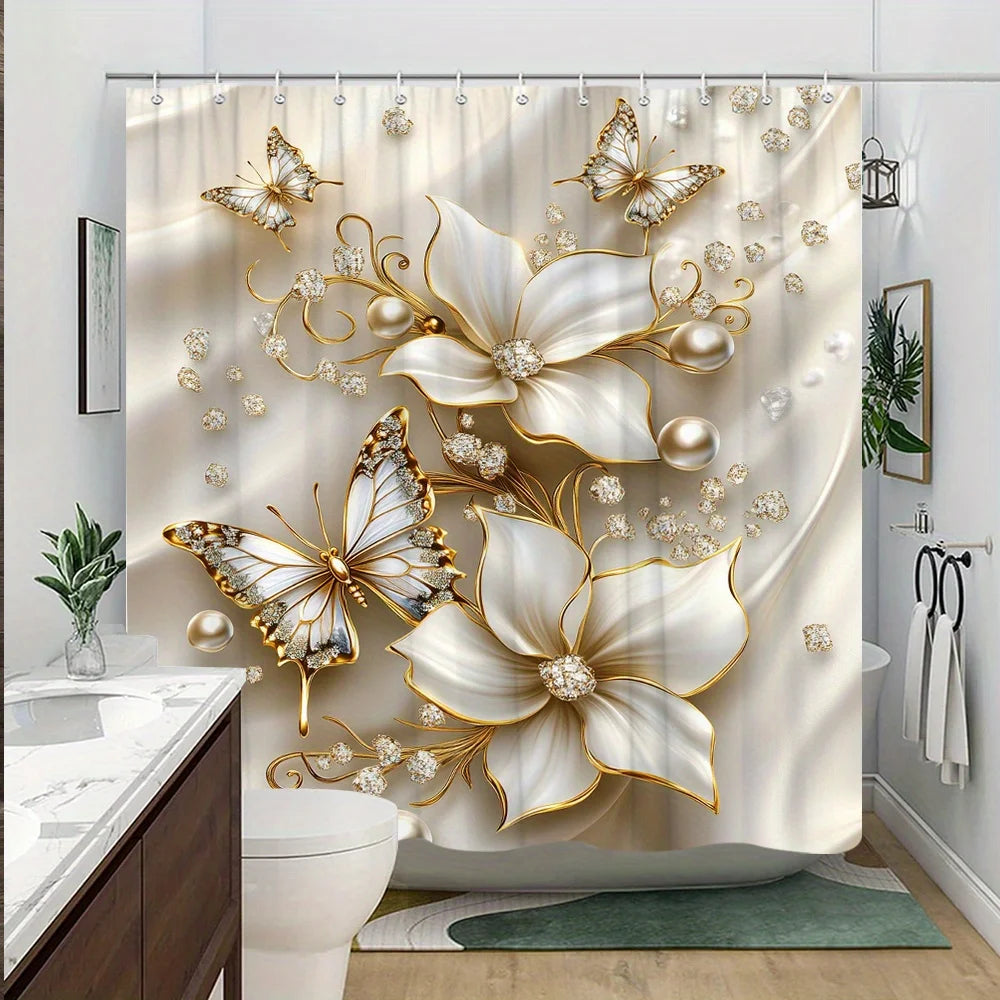 Duschvorhang mit weissen Satinblumen, goldenen Akzenten und Schmetterlingen, Grösse W220xH180 cm