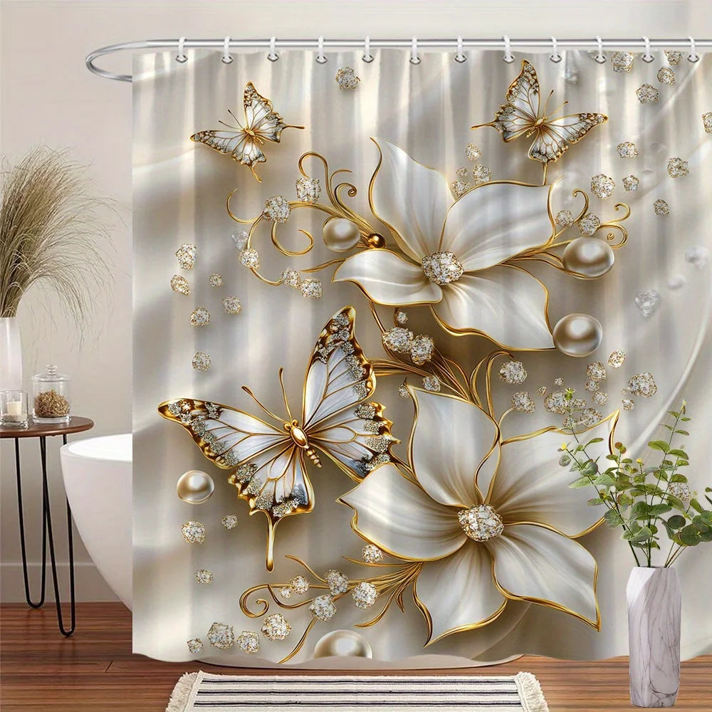 weisser Duschvorhang aus Satin Polyester mit Blumenmuster und Schmetterlingen W220xH180cm