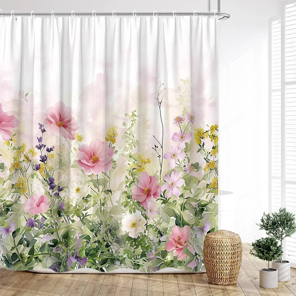 Nordischer Duschvorhang aus Polyester mit Aquarellblumen in Grün, Grösse 180x200 cm