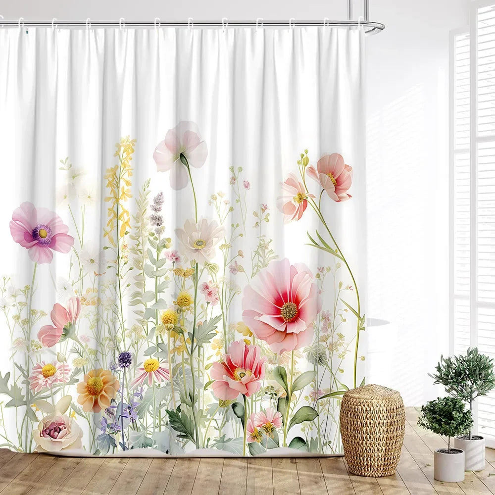 Duschvorhang aus Polyester mit Aquarellblumen, Farbe: Grün, Grösse: 180x200 cm, nordischer Stil