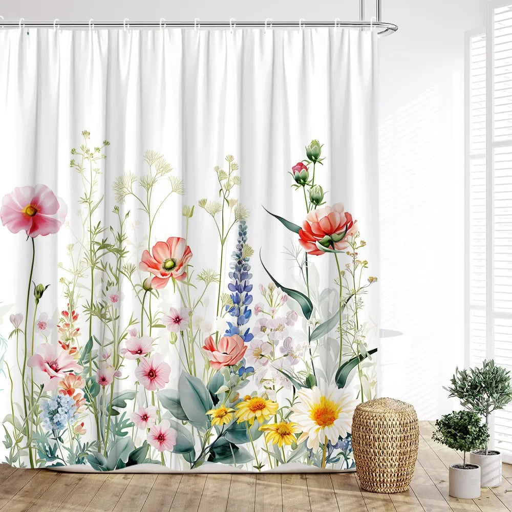 Duschvorhang im nordischen Stil mit Aquarellblumen, Farbe: Grün, Grösse: 180x200 cm, wasserbeständig und antibakteriell