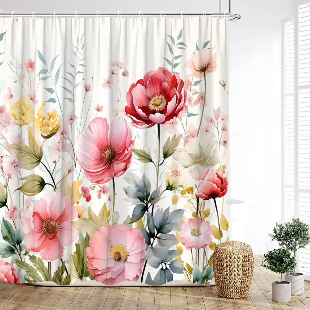 Grüner Duschvorhang im nordischen Stil mit Aquarellblumen, 180x200 cm