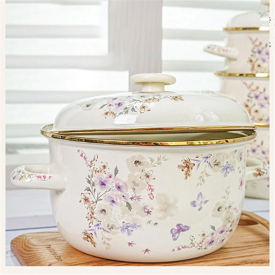 Eleganter Emaille Kochtopf – Florales Handdesign 3.3L