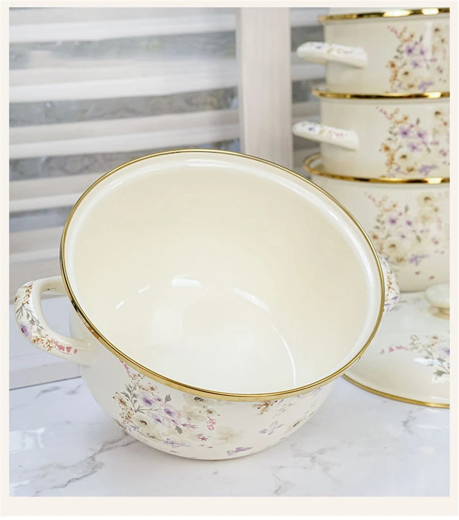 Eleganter Emaille Kochtopf – Florales Handdesign 3.3L