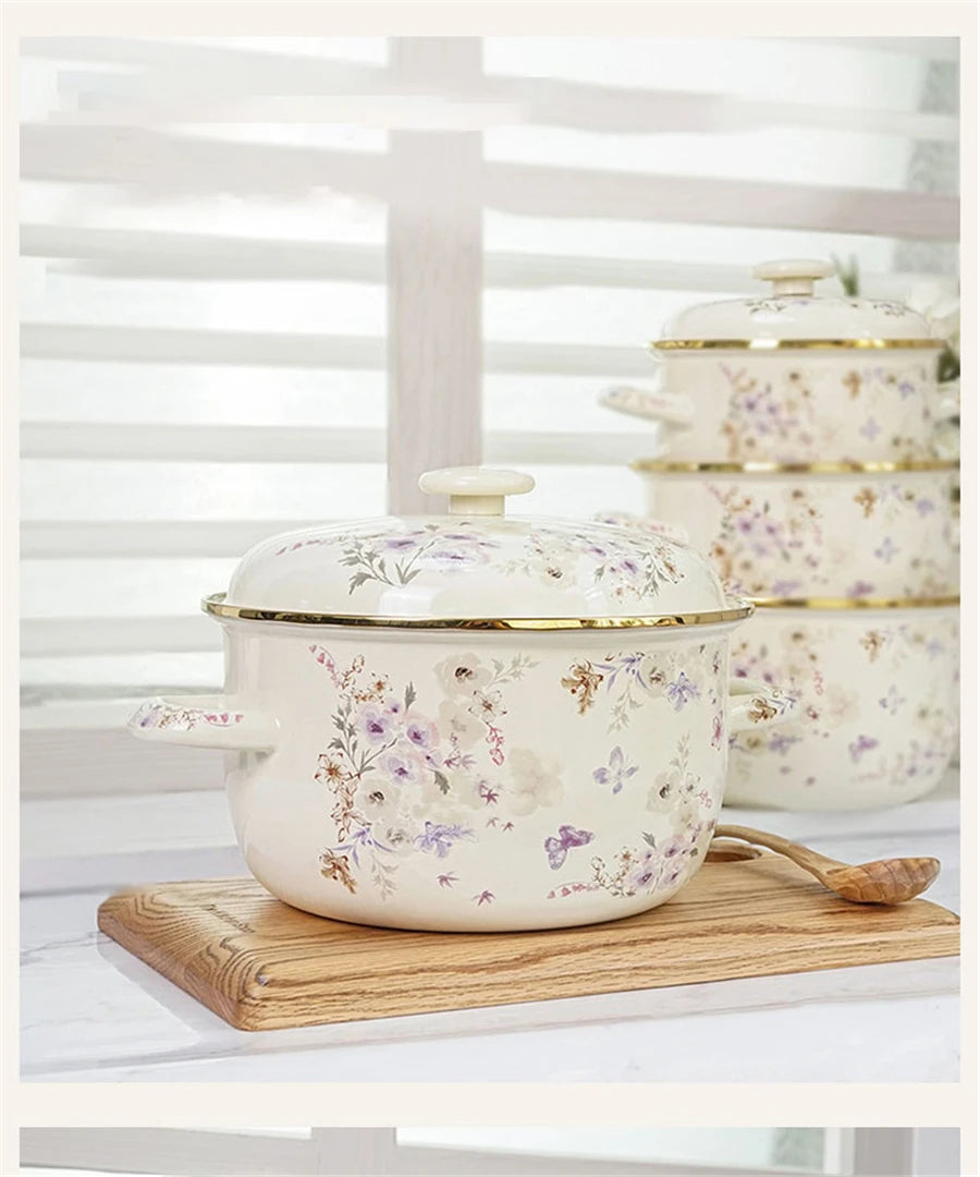 Eleganter Emaille Kochtopf – Florales Handdesign 3.3L