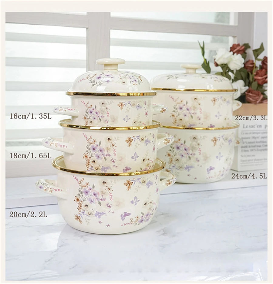Eleganter Emaille Kochtopf – Florales Handdesign 3.3L