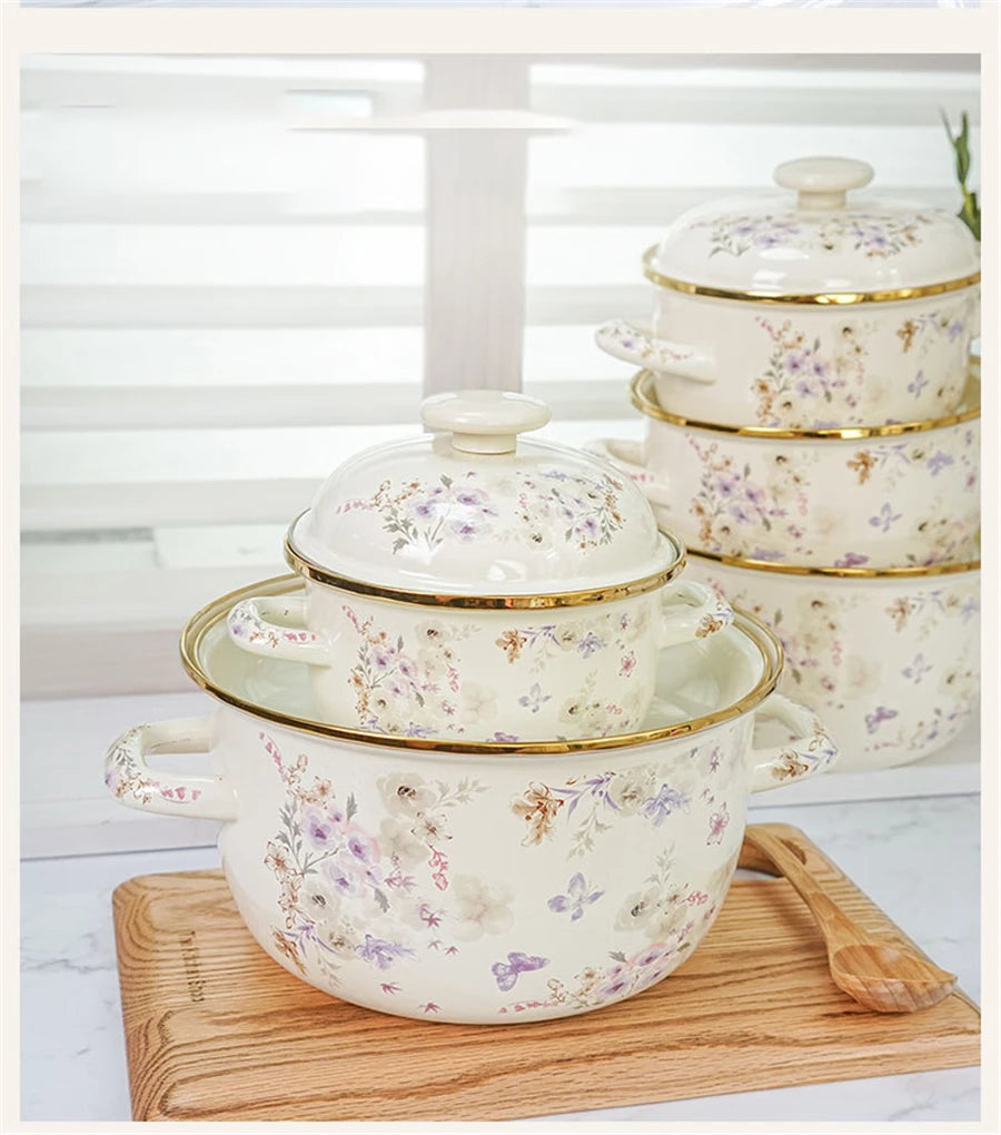 Eleganter Emaille Kochtopf – Florales Handdesign 3.3L