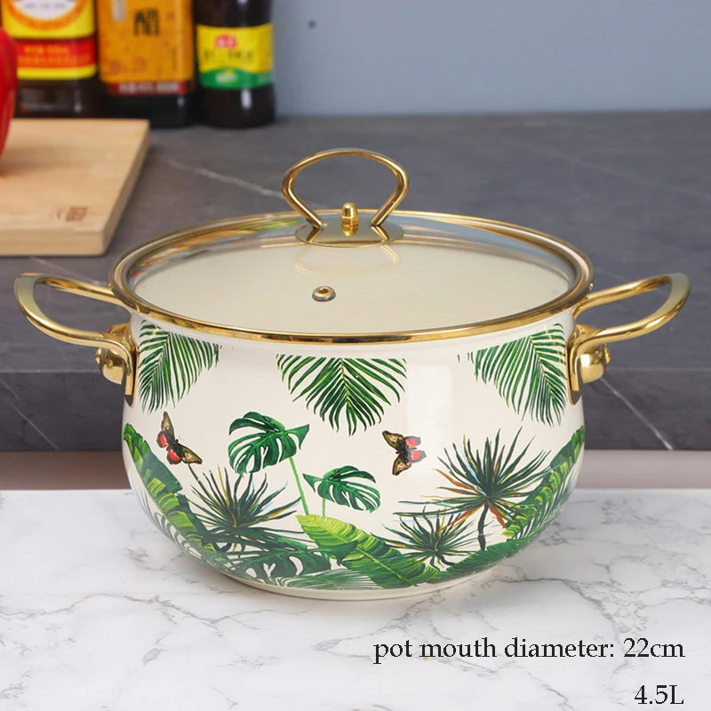 Emaille Suppentopf – Retro Blumen Design – Grosse Kapazität