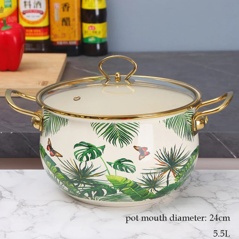 Emaille Suppentopf – Retro Blumen Design – Grosse Kapazität