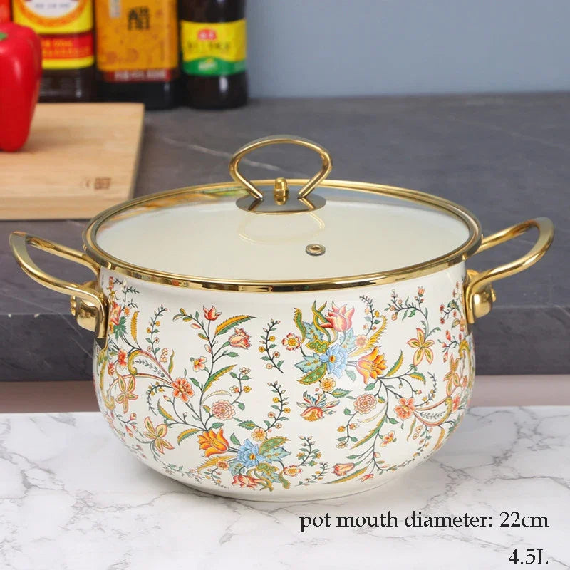 Emaille Suppentopf – Retro Blumen Design – Grosse Kapazität