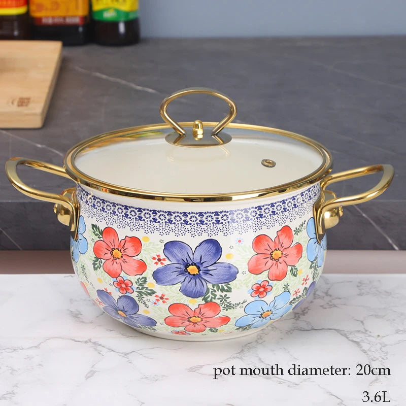 Emaille Suppentopf – Retro Blumen Design – Grosse Kapazität