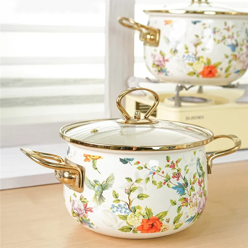 Emaille Suppentopf – Retro Blumen Design – Grosse Kapazität