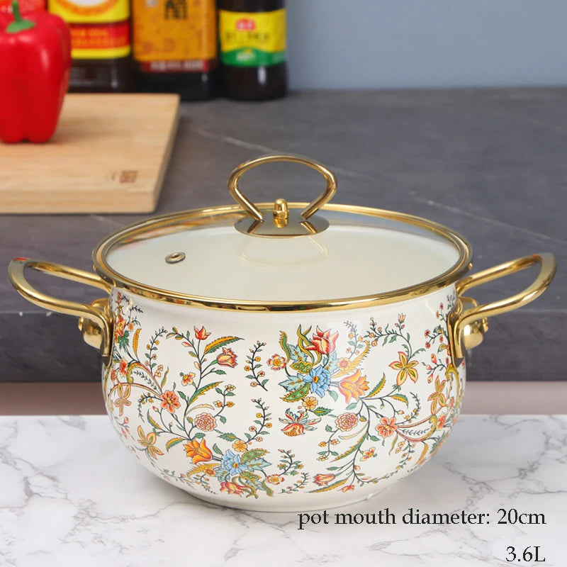 Emaille Suppentopf – Retro Blumen Design – Grosse Kapazität