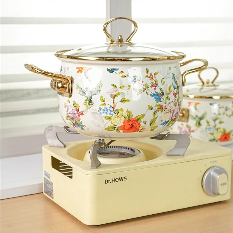 Emaille Suppentopf – Retro Blumen Design – Grosse Kapazität