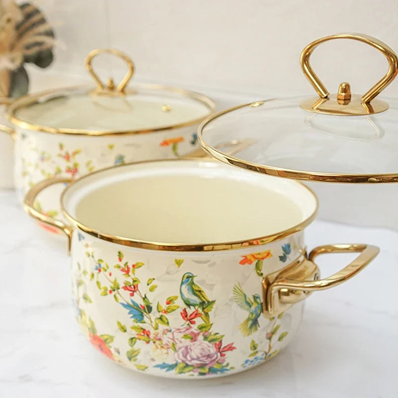 Emaille Suppentopf – Retro Blumen Design – Grosse Kapazität