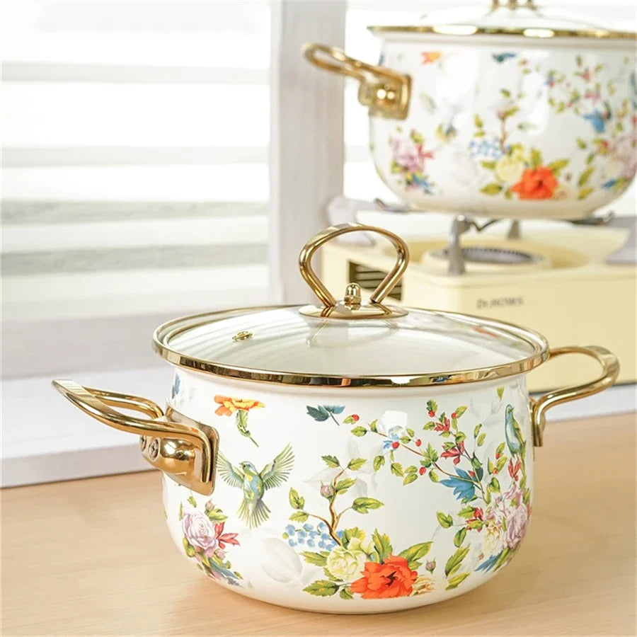 Emaille Suppentopf – Retro Blumen Design – Grosse Kapazität