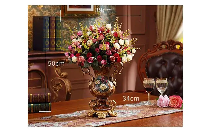 Europäische Harzvase im chinesischen Stil mit Landschaftsmuster und künstlichen Blumen