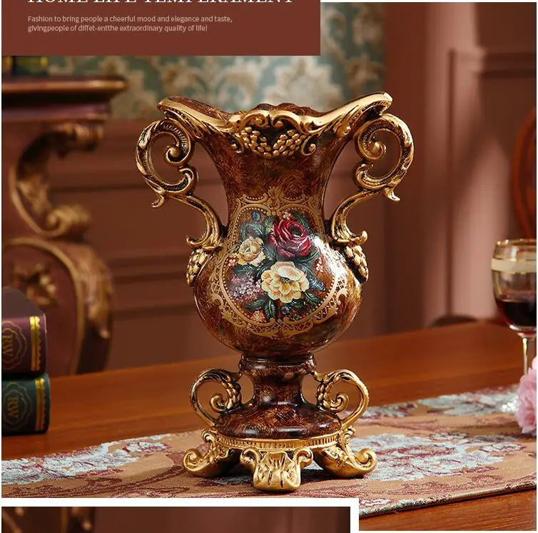 Europäische Harzvase im chinesischen Stil mit Landschaftsmotiv und künstlichen Blumen