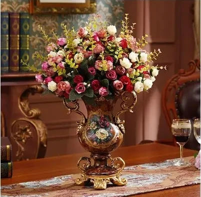 Chinesische Harzvase mit Landschaftsmuster und künstlichen Blumen