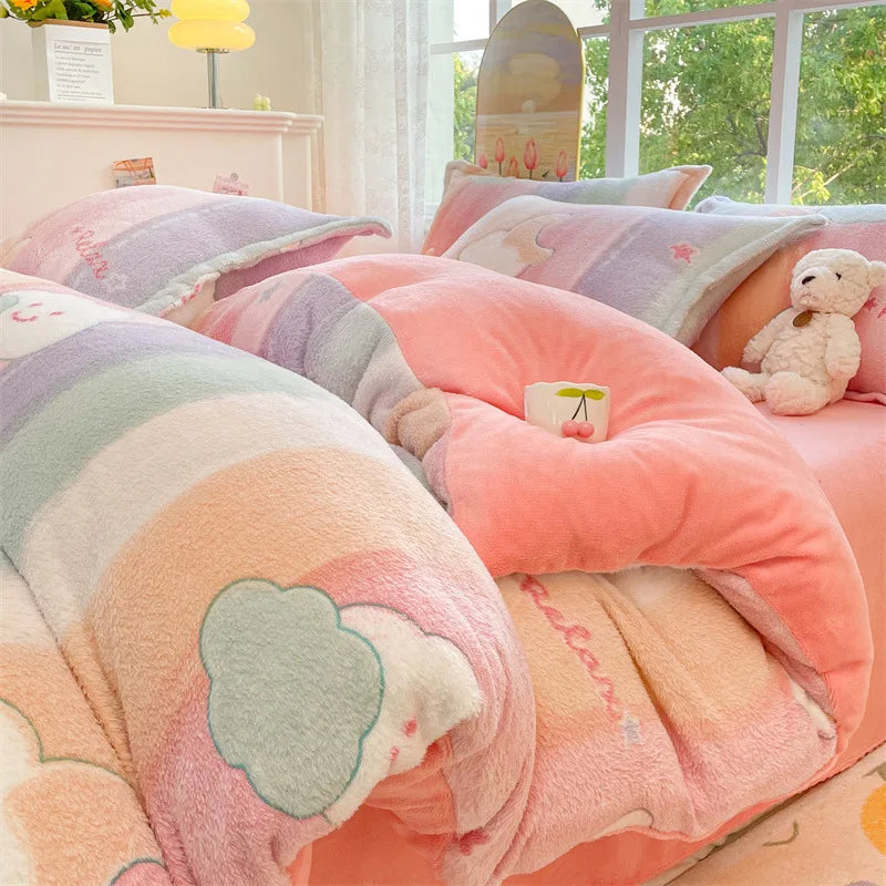 Mehrfarbiges Winter Flanell Fleece Bettwäsche-Set 200x230 cm