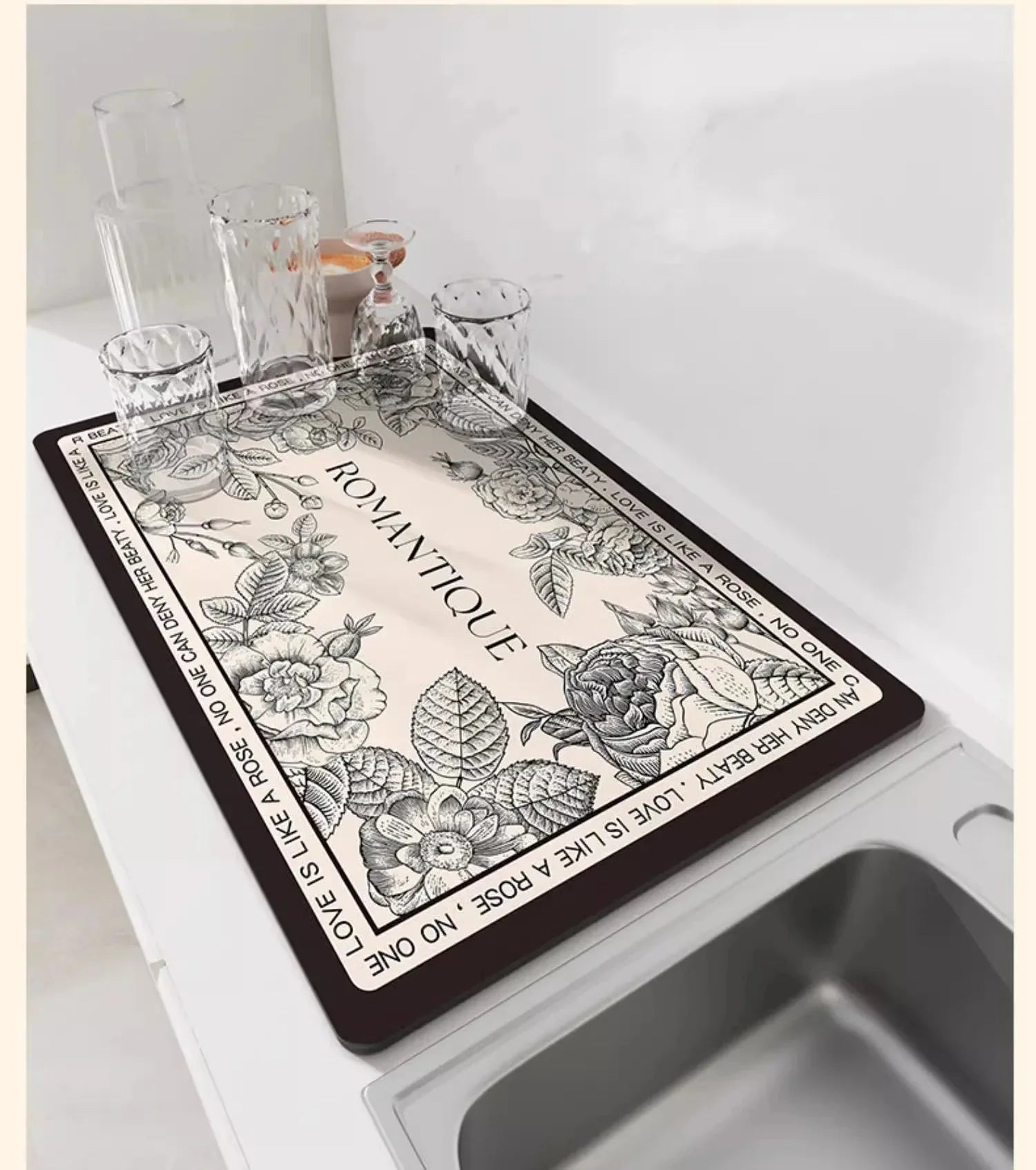 Floral bedruckte, mehrfarbige Abtropfmatte aus Diatomit in 50x60 cm