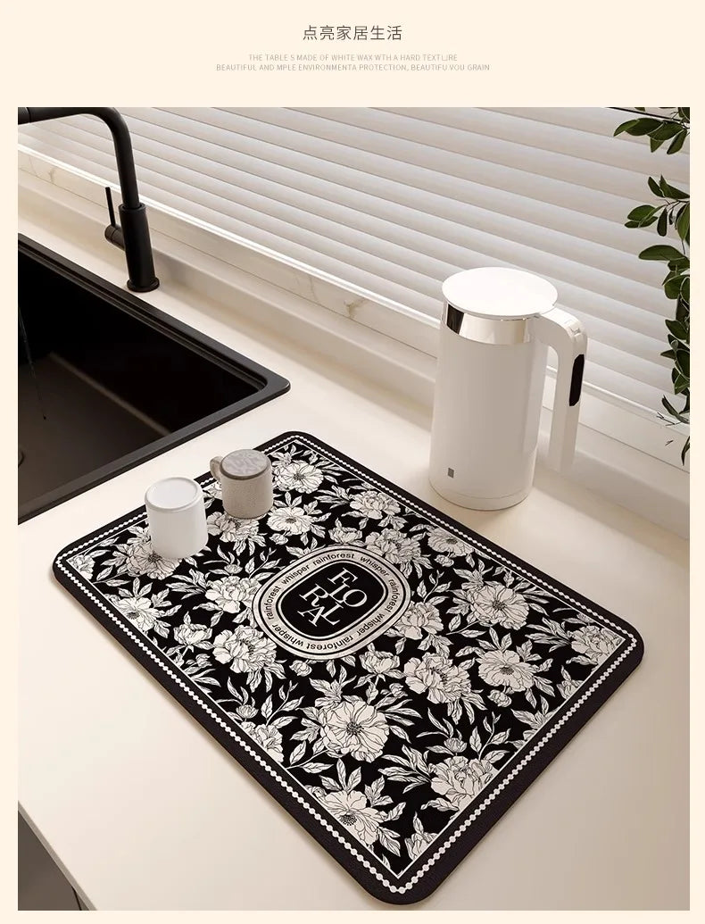 Floral Abtropfmatte aus Diatomeen-Schlamm, Grösse: 50x60cm, Farbe: mehrfarbig, für Küche.