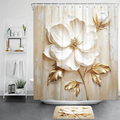 Floraler Duschvorhang – Modern Weiss und Gold – 180x180cm Set