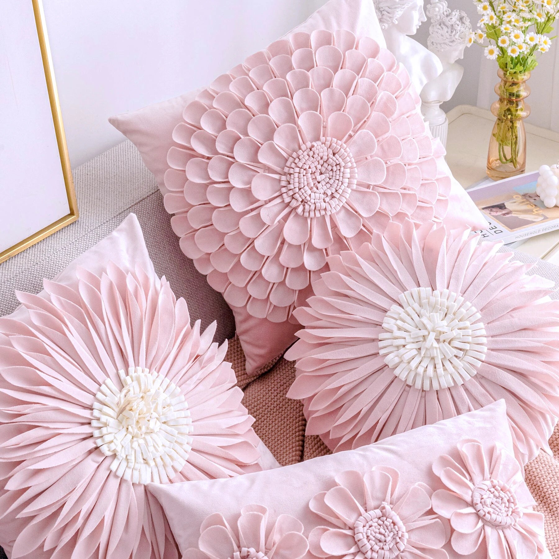 Florales Kissenbezug aus Samt – Handgemachtes 3D Design – Sofa/Bett