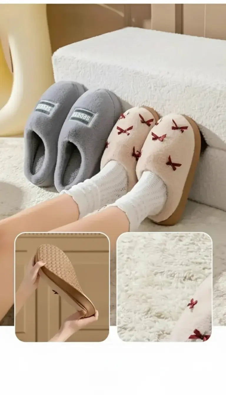 Fluffy Fellpantoffeln für Damen mit Butterfly-Knoten in Farbe Weiss