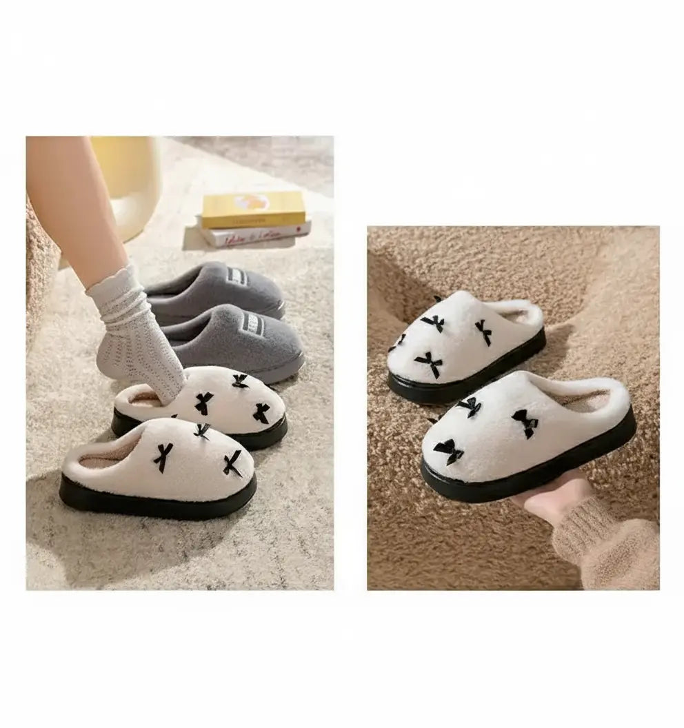 Weisse Damen-Fluffy-Fellpantoffeln mit Butterfly-Knoten-Design