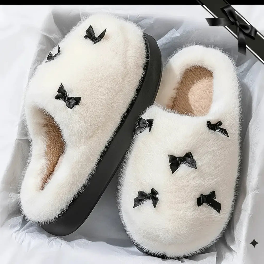 Damen-Fluffy-Fellpantoffeln in Weiss mit Butterfly-Knoten und Kurzplüschfütterung