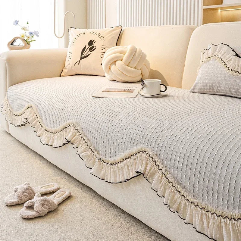 Chenille-Sofabezug in Beige, 90x240 cm, französischer Stil, rutschfest