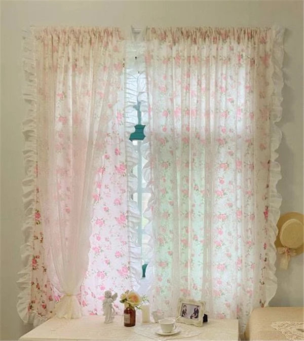 Französische Rüschengardinen aus Polyester, Farbe: Pink, mit Blumenmuster im eleganten Stil